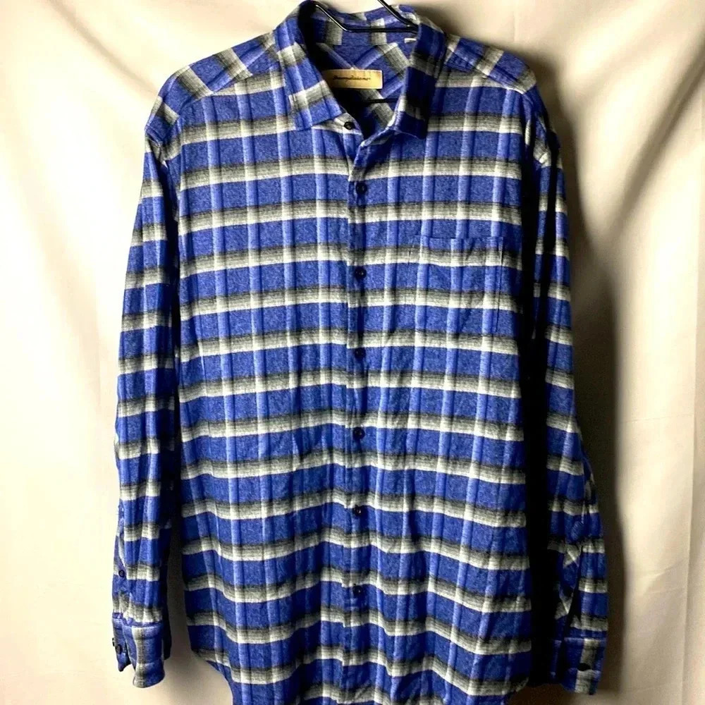 TOMMY BAHAMA MENS SIZE XL BLUE AND BLACK PLAID 100% COTTON FLANNEL‎ SHIRT…
